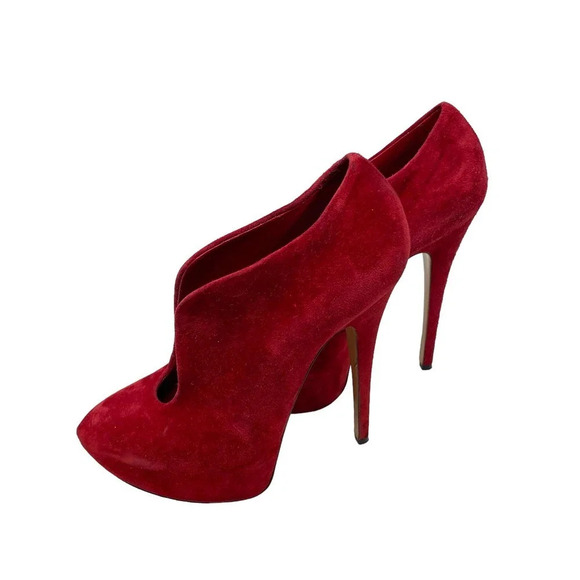 Casadei Red Suede Platform Slip On Ankle Tulip Cut Out Booties Heels Size 6‎ - Picture 4 of 11